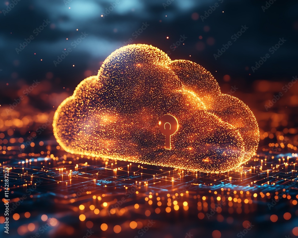 Poster cloud security diagram with secure network connections, central lock symbol, dynamic cloud computing