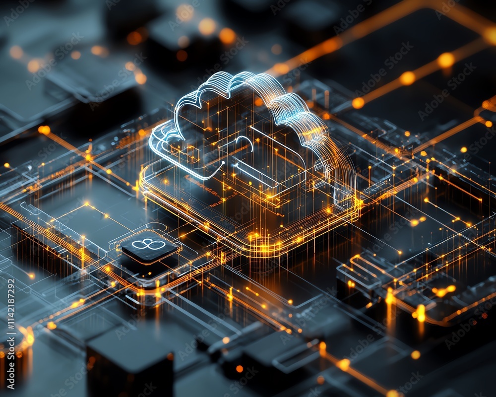 Poster cloud security diagram with secure network connections, central lock symbol, dynamic cloud computing