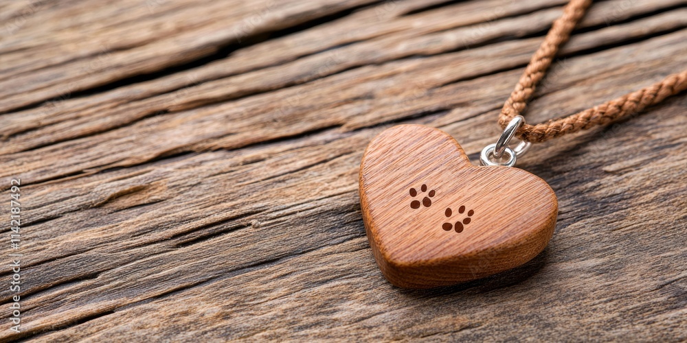 Poster A wooden heart pendant on a braided cord rests on a rustic wooden surface, symbolizing love and craftsmanship.