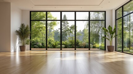 An open, empty modern room with natural wooden floors, tall windows to a garden, and ample space for creativity.