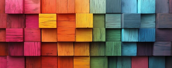 Colorful 3D abstract geometric wooden square cubes, rainbow hues, textured wood wall background, modern and vibrant design, 4K resolution banner illustration