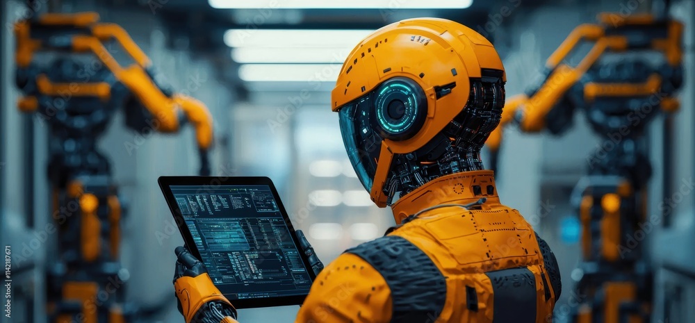 Poster futuristic robot with tablet in high-tech industrial setting