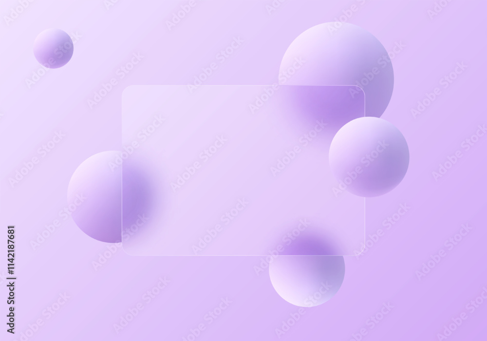 Poster website landing page template in glass morphism style. frosted glass partition with floating spheres