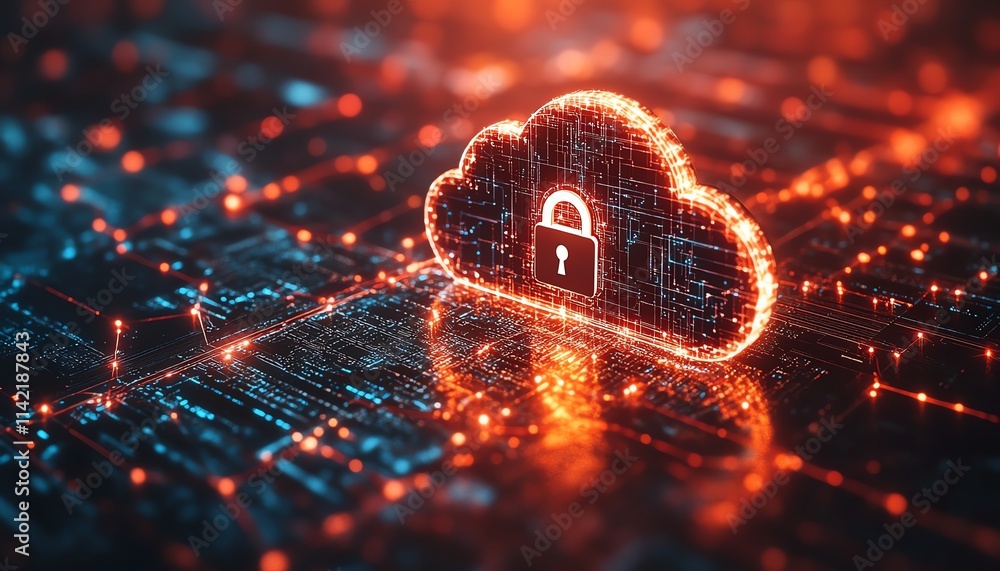 Poster diagram of cloud computing with secure network links, central lock symbol for cloud security, dynami