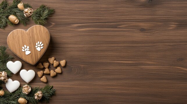 A wooden heart with paw prints sits among decorative hearts and natural elements on a rustic wooden surface.