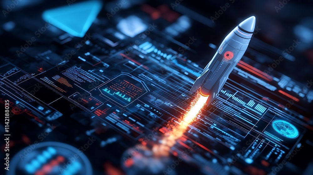 Aufkleber rocket launching into space with data visualization and advanced technology background