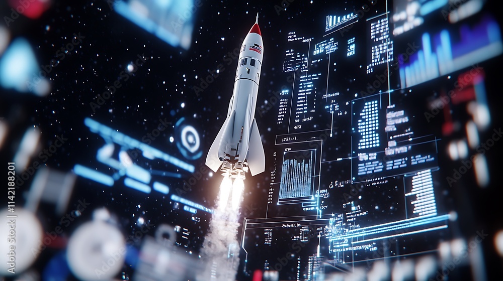Aufkleber rocket launching into space with data visualization and advanced technology background