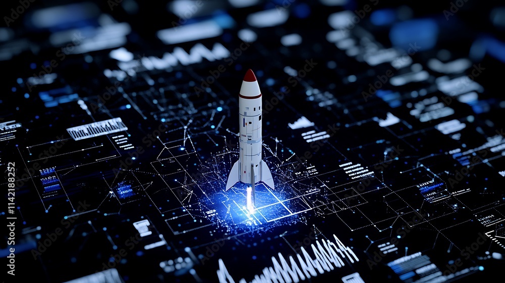 Aufkleber rocket launching into space with data visualization and advanced technology background