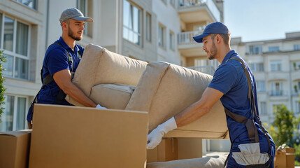 Movers carrying sofa and boxes during relocation to new apartment building