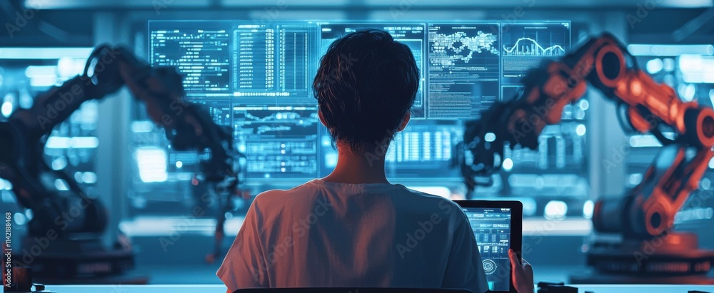 Poster person analyzing data in a high-tech control room with robotics