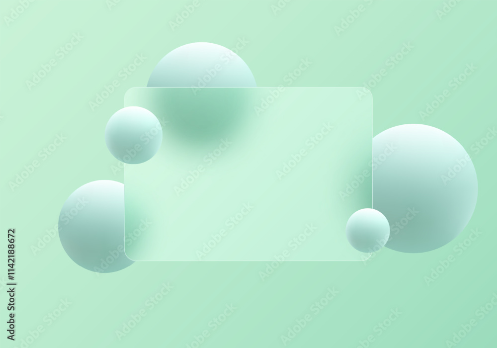Poster background glass morphism with a partition in the foreground and floating green spheres in the backg