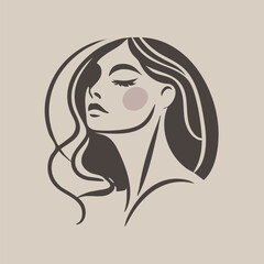 Minimalist line art of a serene woman with flowing hair, beige background