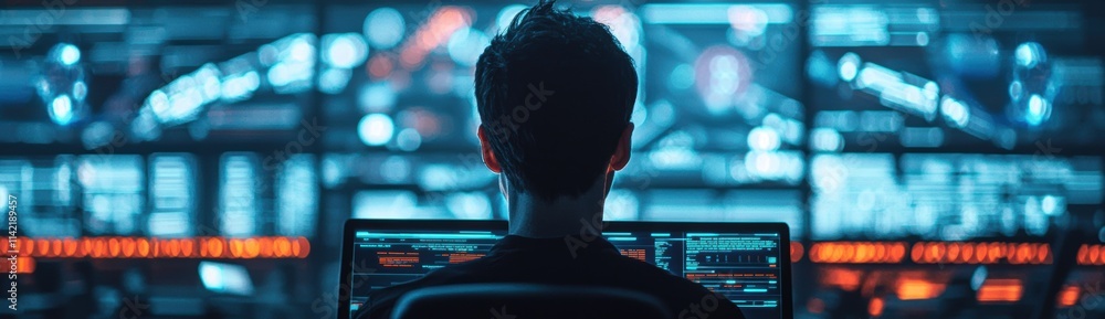 Poster person working in front of computer screens in dark environment