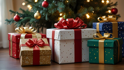 Christmas gift boxes neatly arranged in a festive setting