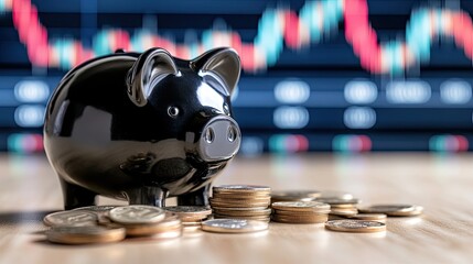 A piggy bank and scattered coins sit on a table, set against animated stock market charts, creating a financial vibe