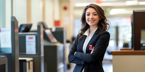Portrait of a bank teller standing confidently in a bank setting