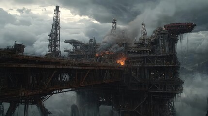 Dramatic Oil Rig in Stormy Weather with Fire and Dark Clouds
