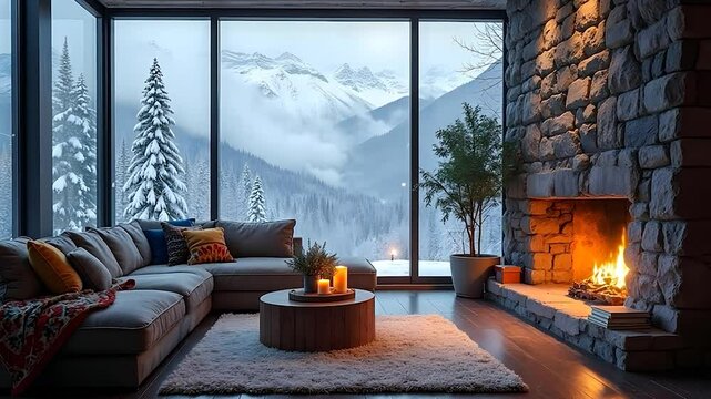 Cozy living room with fireplace and a large window view of a snowy mountain landscape