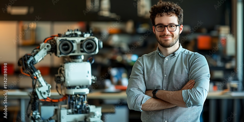 Poster portrait of a robotics engineer standing proudly in a tech workshop, smiling, with copy space