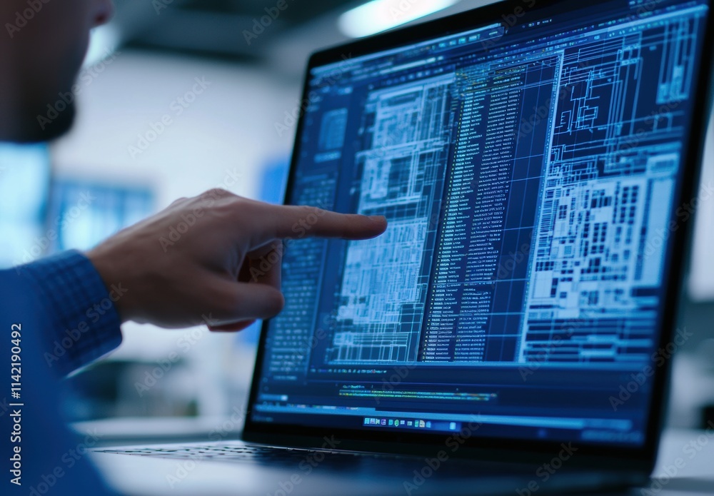 Aufkleber person analyzing data on laptop screen with software interface