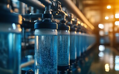 Unit filtering water, showcasing the intricate filtration process, clean water output, water purification technology, hightech filtration system, pure water concept