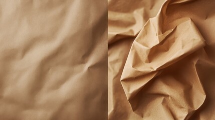 A close-up of an empty brown paper sheet, in a mockup style. On the right side, it is folded to display its texture and quality. Flat lay view, high resolution, detailed, and hyper-realistic.