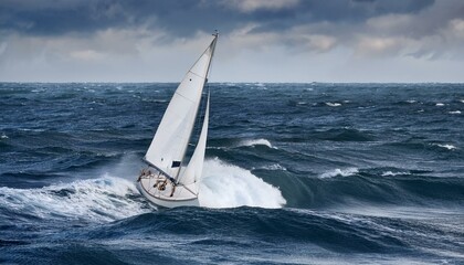거대한 파도를 정면으로 마주하는 작고 단단한 돛단배