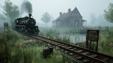 Fototapeta premium Vintage Steam Train Approaching Abandoned House in Foggy Landscape