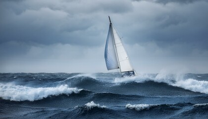 거대한 파도를 정면으로 마주하는 작고 단단한 돛단배