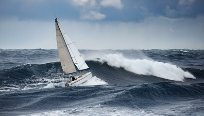 거대한 파도를 정면으로 마주하는 작고 단단한 돛단배