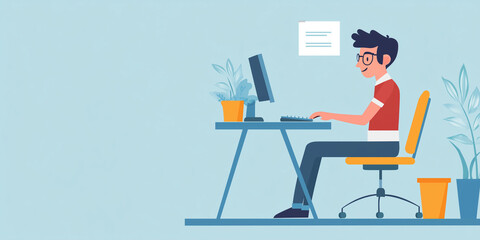 a character sitting at a desk, typing on a computer with a focused expression.