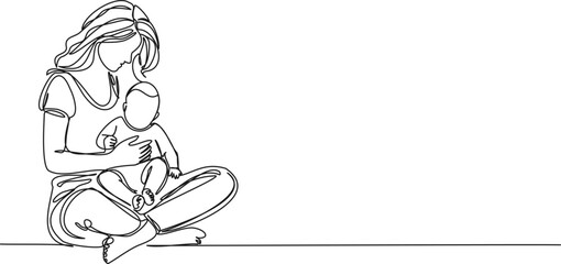 continuous line drawing of mother with toddler on her lap, line art vector illustration