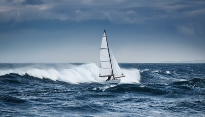 Naklejka premium 거대한 파도를 정면으로 마주하는 작고 단단한 돛단배