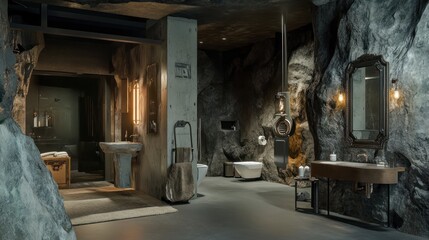 Luxurious cave bathroom with stone walls, sinks, and modern fixtures.