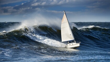 거대한 파도를 정면으로 마주하는 작고 단단한 돛단배