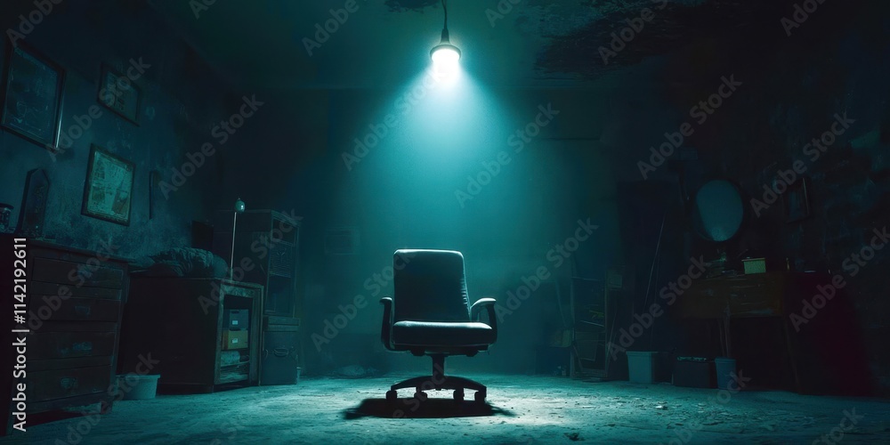 Poster chair is sitting in a room with a light shining on it