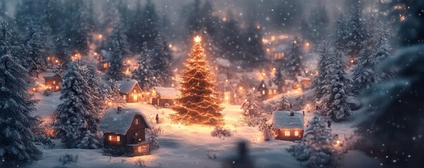 A snowy Christmas village with a glowing tree, its lights symbolizing growth and hope. Soft festive tones create a warm, joyful, and inspiring holiday scene.