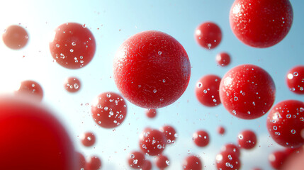 Red spheres floating in liquid.