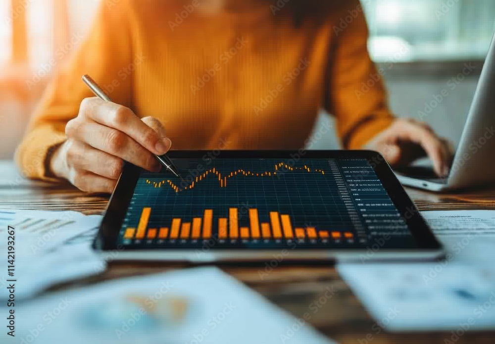 Aufkleber person analyzing financial data on tablet with graphs and charts