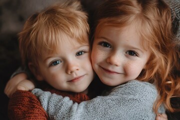 Portrait of smiling redhead siblings embracing at home
