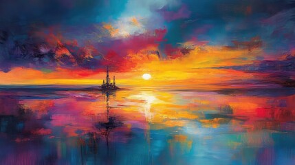 Vibrant Sunset Over Calm Ocean with Oil Rig Silhouette Reflected