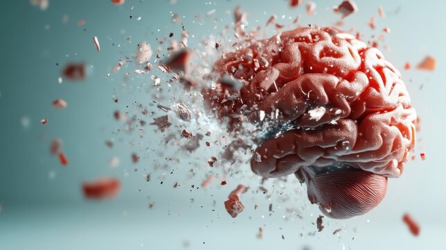 The vibrant image displays a dynamic brain surrounded by fragments explosively dispersing outward, symbolizing an outpouring of thoughts and ideas.