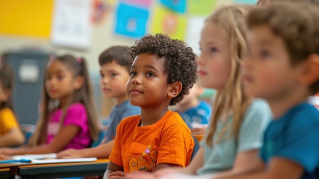 4. A diverse classroom with students of different ethnic backgrounds actively participating in a discussion.