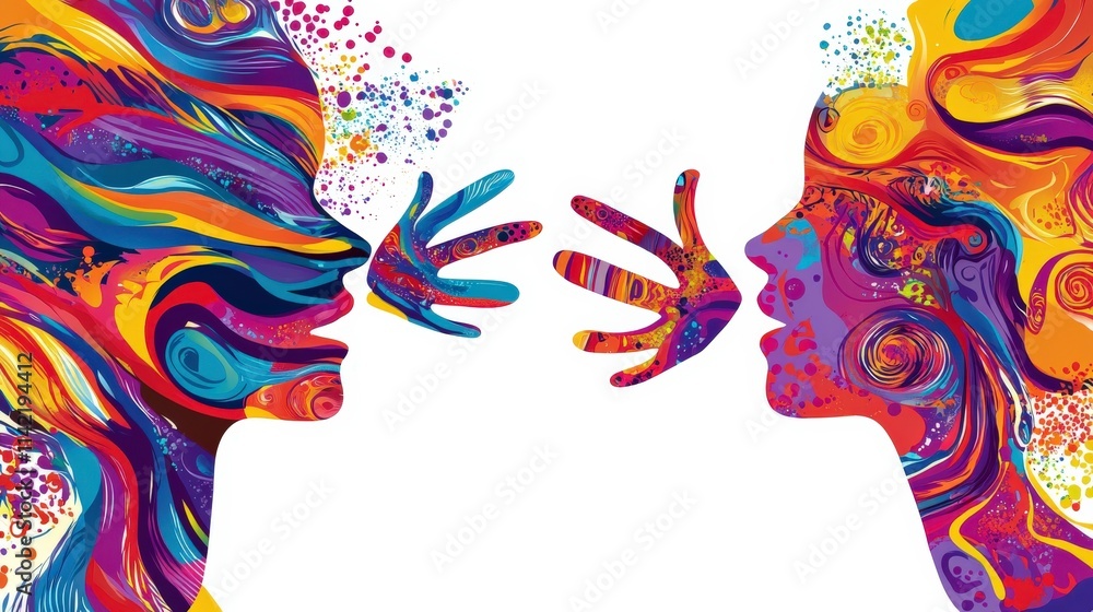 Poster colorful abstract representation of two faces engaging in intense communication with vibrant swirls 
