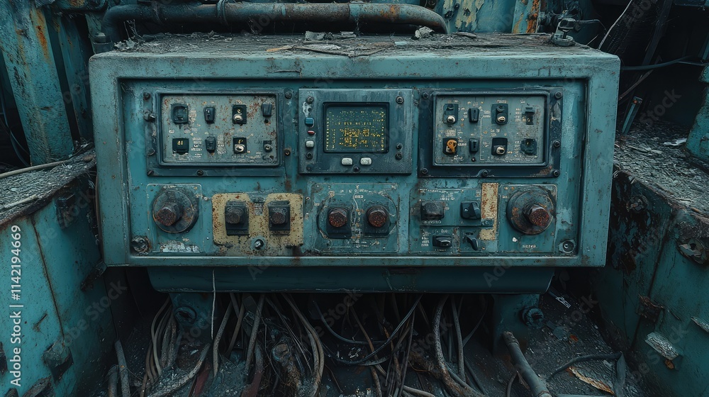 Poster weathered control panel with buttons and wires in industrial setting