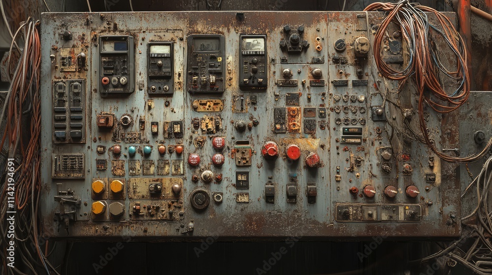 Poster vintage rusty control panel with wires and buttons in abandoned setting