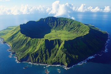 Aogashima volcano emerging from pacific ocean with green caldera, izu islands, japan