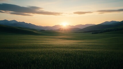 Obraz premium Breathtaking Mountain Sunset Over Green Fields and Silhouette Hills : Generative AI