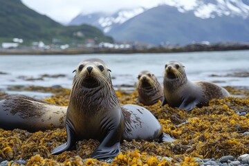 Southern fur seals resting on kelp covered beach in south georgia island