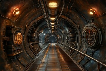 Illuminated metallic tunnel; industrial, aged, futuristic.